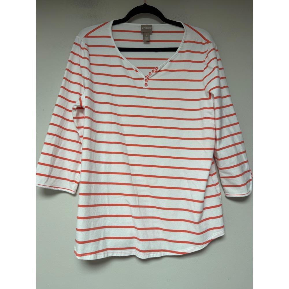 Chico's Striped Top Women Size 2 Large Orange White Excellent 3/4 Sleeve Henley‎